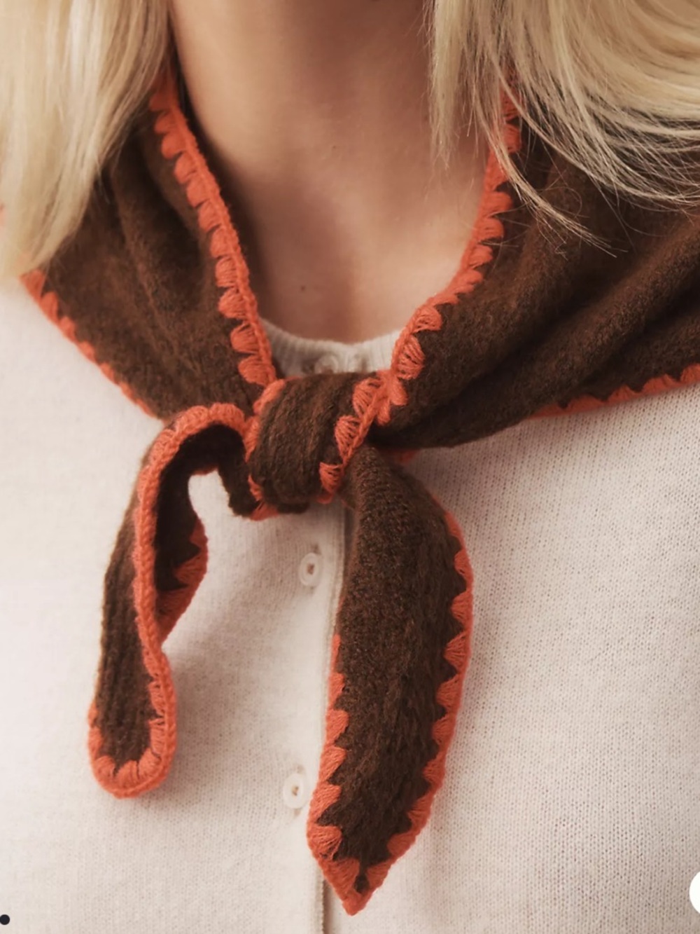 Anthropologie Icon Brown Triangle Scarf with Coral Trim and Embroidered Cherries - Picture 4 of 4